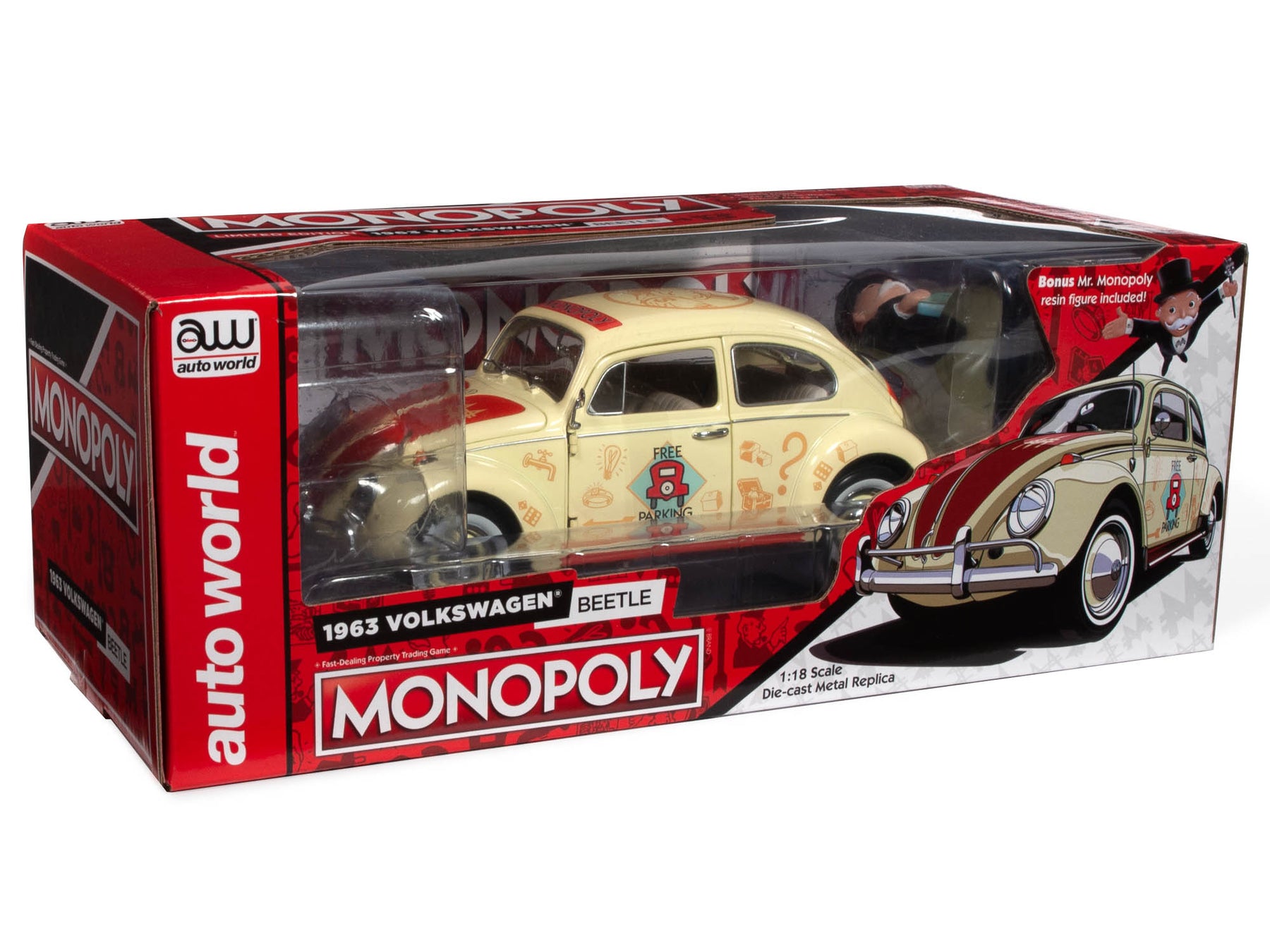 Масштабная модель Volkswagen Kever - Monopoly Free Parking 1963 с фигуркой  из монополии, кремовый/красный лучшая цена!