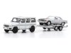 Масштабная модель Mercedes-Benz G-класс W463 белый с прицепом-трейлером и Mercedes-Benz SLC 450 C107 серебристый