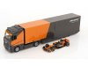 Масштабная модель Mercedes-Benz Actros 2 формула 1 Гоночный транспортер с McLaren MCL38 Команда Mclaren #4 Season 2024 Lando Norris, черный с оранжевым