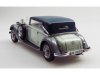 Масштабная модель Mercedes-Benz 290 W18 cabriolet B-Long удлинённая колёсная база, поднятый тент и спицевыe колёса 1933-1936 серый ракурс 2